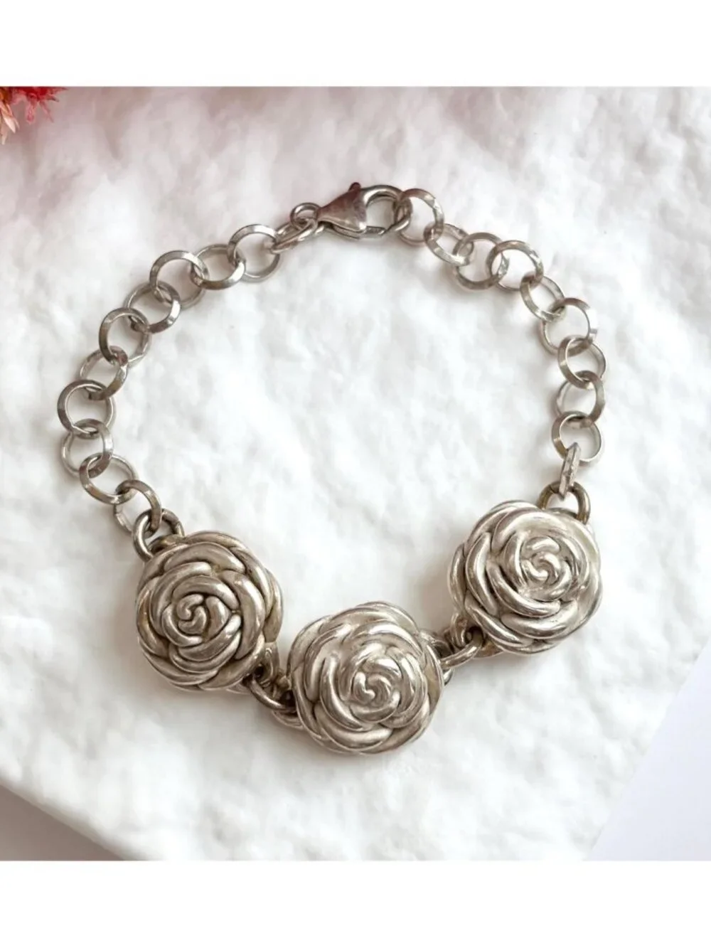 Triple Blooming Rosebud Floral Vintage Sterling Silver 925 Bracelet - 7.5